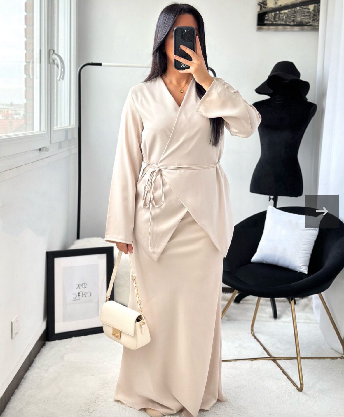 Ensemble 2 Pièces – Blouse Croisée & Jupe Longue Satinée
