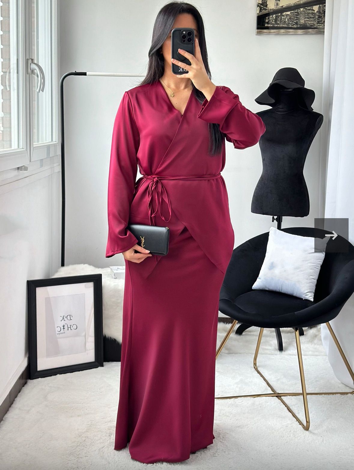 Ensemble 2 Pièces – Blouse Croisée & Jupe Longue Satinée
