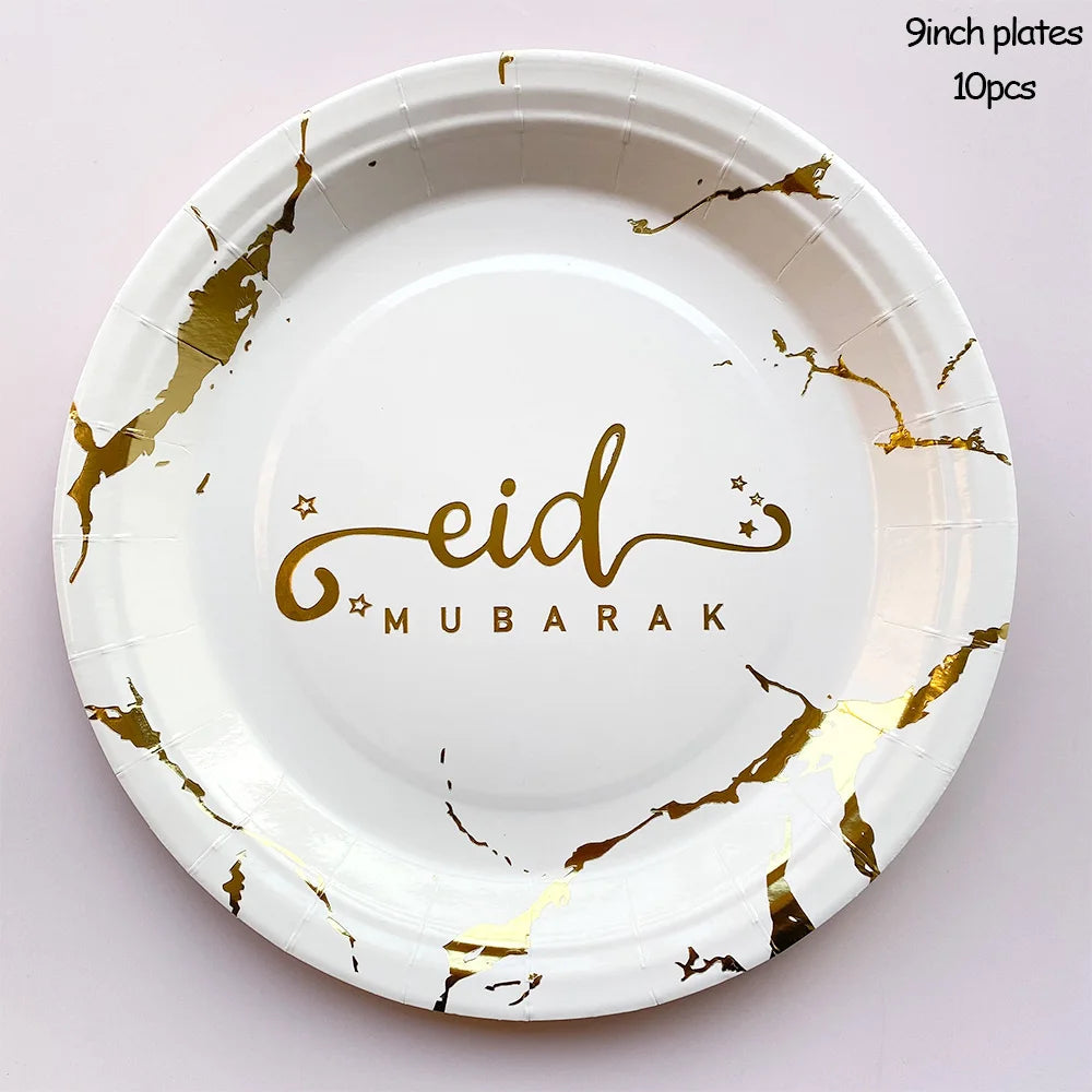 Fournitures de Décoration Ramadan : Assiettes et Gobelets EID Mubarak en Papier pour la Fête de l'EID Mubarak et Ramadan