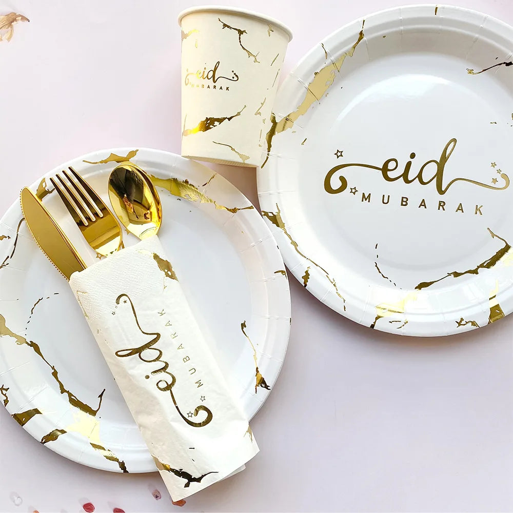 Fournitures de Décoration Ramadan : Assiettes et Gobelets EID Mubarak en Papier pour la Fête de l'EID Mubarak et Ramadan