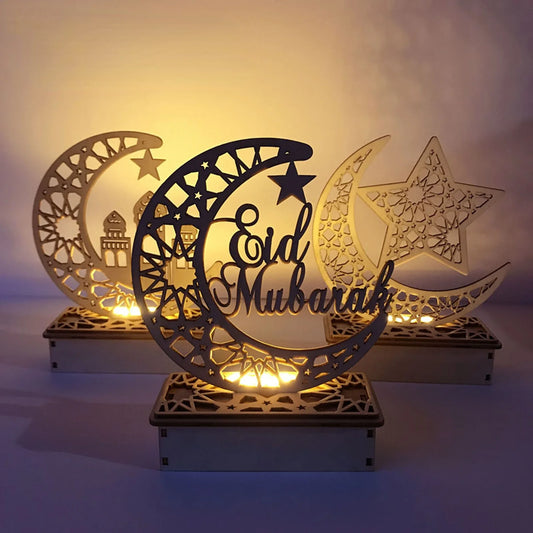 Lumière de bougie LED en forme de lune en bois pour EID Mubarak : Décoration de Ramadan pour la maison